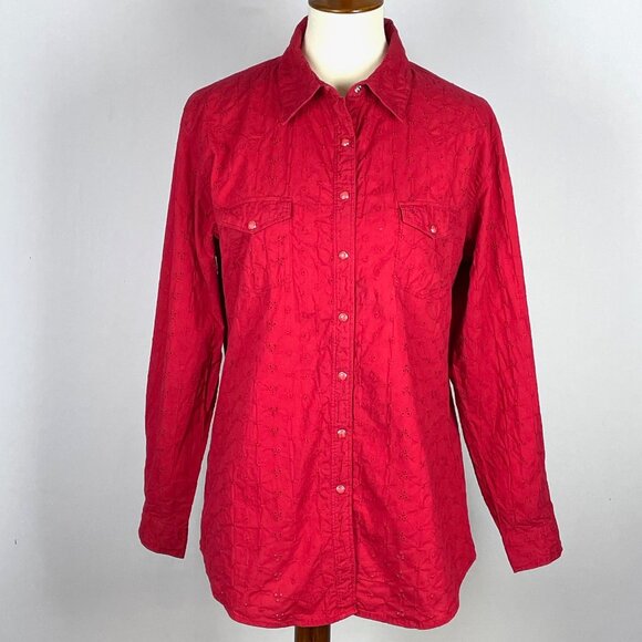 Vtg 90s Y2K Wrangler Western Shirt Sz L Red Eyelet Pearl Snap Cowgirl Country - Picture 1 of 6